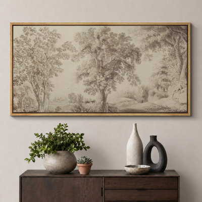 Vintage Sepia Forest Landscape Classic Nature Sketch Style Wall Decor for Living Room Study Office Extra Large Pictures Framed Canvas Print Wall Art