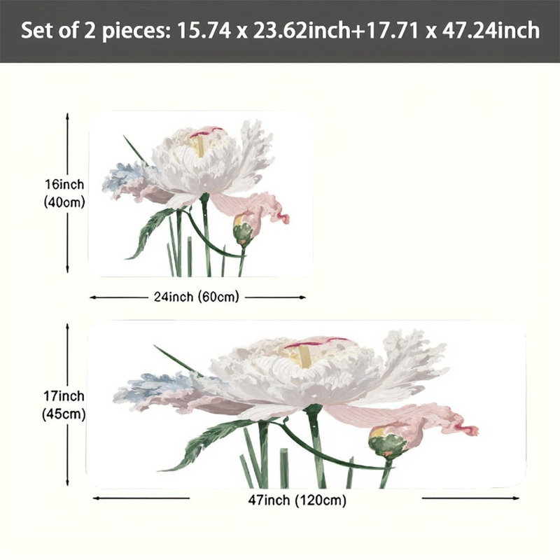 Paillasson blanc, art floral 2 pièces, tapis de cuisine antidérapants