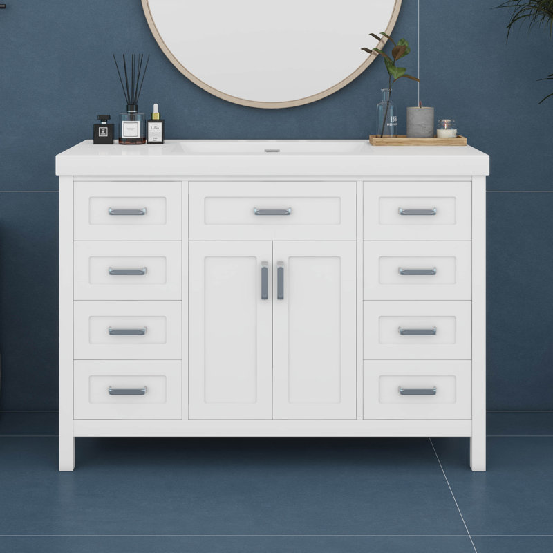 Meuble-lavabo 48 po avec lavabo, lavabo simple avec 2 portes et 8 tiroirs, système de fermeture en douceur, conception classique