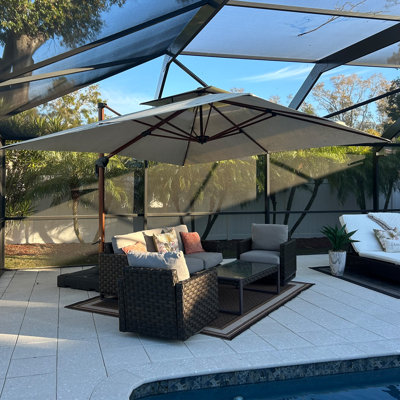 10' X 13' Patio Large Rectangle Wood Cantilever Umbrella Canvas Material, Premium Fabric, With Base