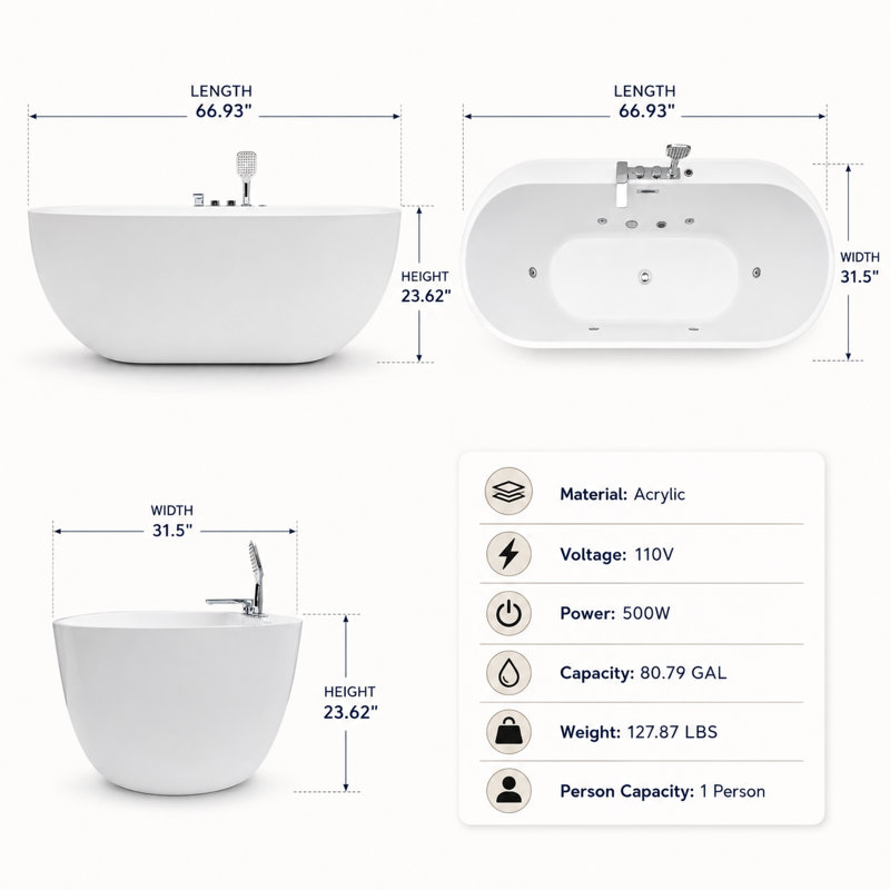 Baignoire de trempage 67 po avec bain à remous et baignoire à air avec ventilateur à vitesse réglable et interrupteur de commande de type d'air, blanc