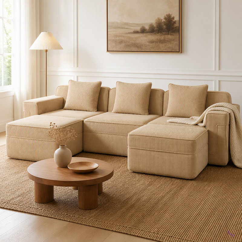 Canapé modulaire modulaire à 3 places en forme de U sans os, canapé modulaire Cloud avec assise profonde, canapé modulaire moderne à 3 places avec coussins décoratifs et 2 repose-pieds amovibles, tissu en velours côtelé