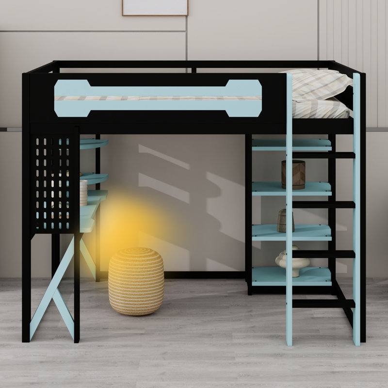 Modern Loft Bed Featuring A Built In Desk, Shelves, Black/Blue
