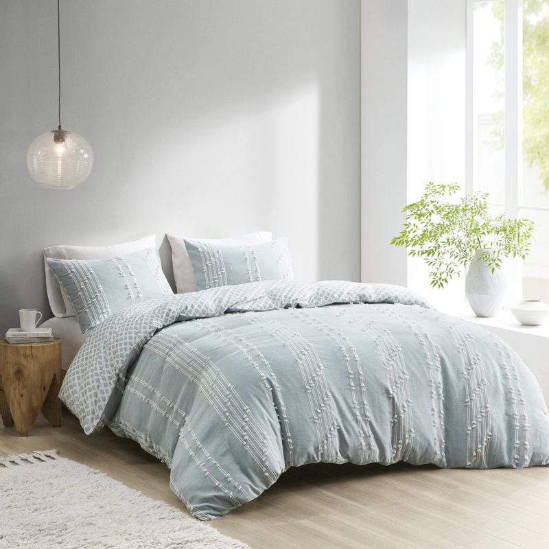 Housse de couette en coton pour lit double / grand lit et avec broderie lavable à la machine pour lit double / grand lit, attaches de coin à rayures au sol