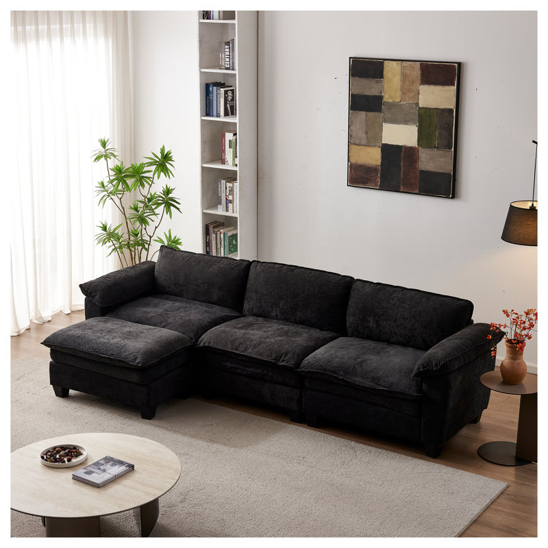 Canapé modulaire 3 places avec repose-pieds en chenille noir, 35.43" H x 90.17" W x 71.12" D, Noir