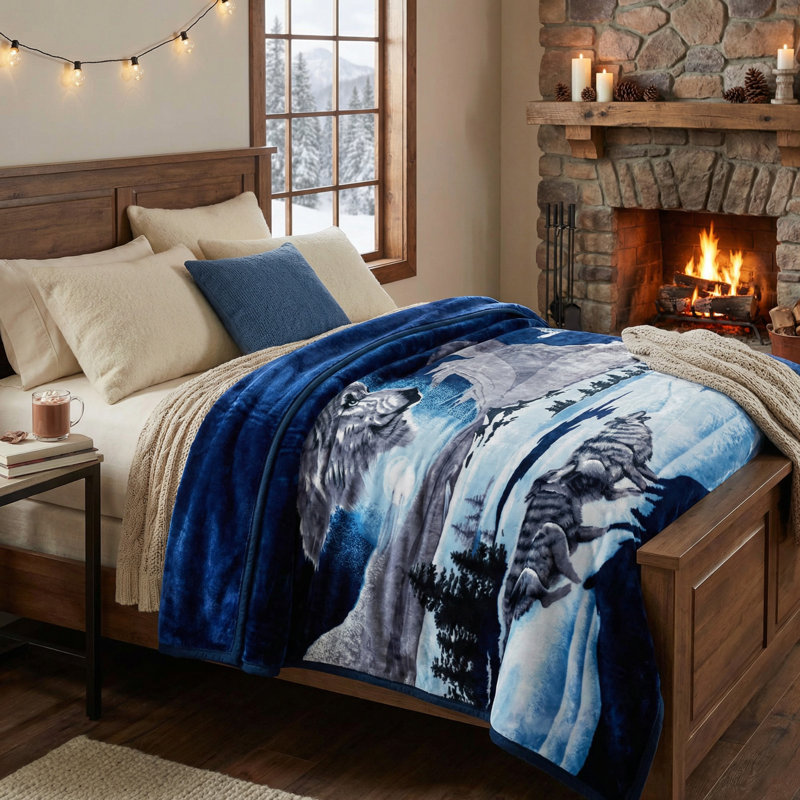 Couverture de loup Lavish Home - 74 x 91 pouces imprimé loup d'hiver