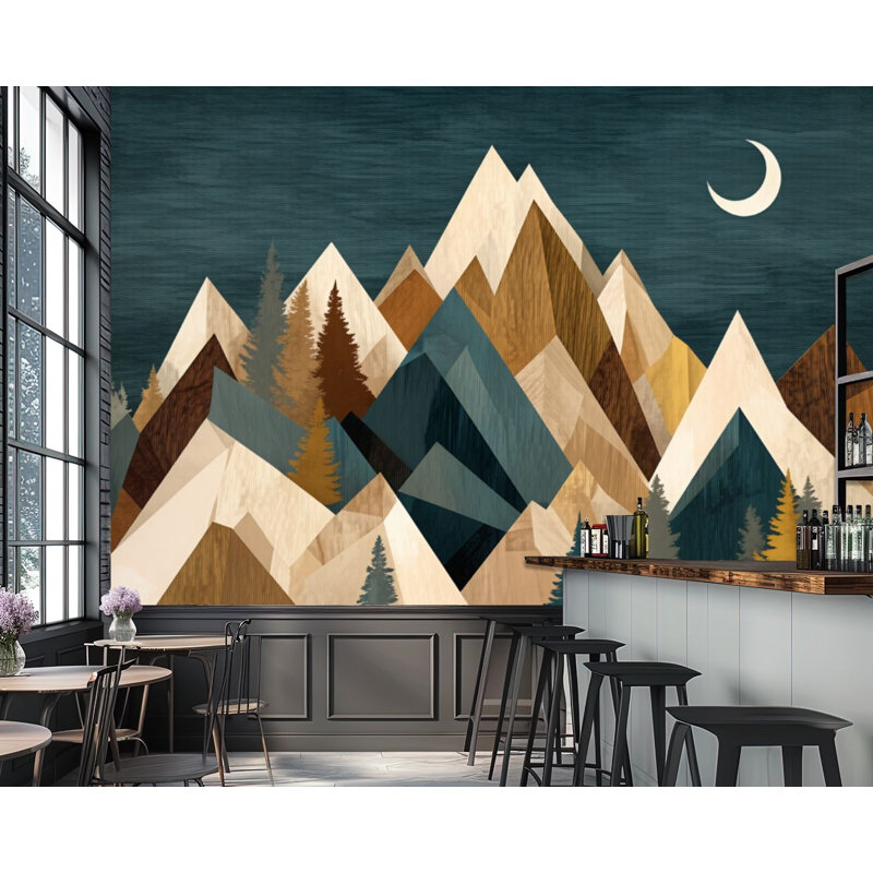 Papier peint adhésif peler et coller Mountain Nature Forest Rustic Farmhouse Moon Peaks Layered Layered, L 96 po x l 69 po