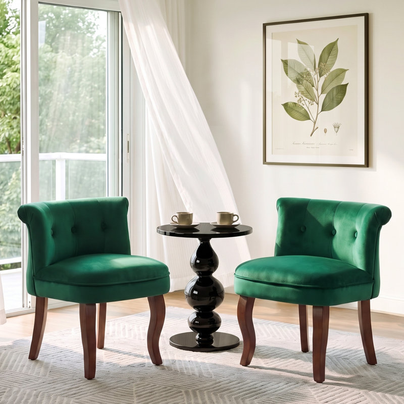 Chaise de coiffeuse capitonnée en velours avec pattes en bois massif, Green Velvet