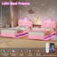 Cadre de lit simple à DEL avec tête de lit et tiroir de rangement, lit tapissier Princess avec station de charge et bouton et couronne en cristal, lit plateforme en velours pour filles, lattes en bois massif, pieds courbés, rose-1496893846-1496893841