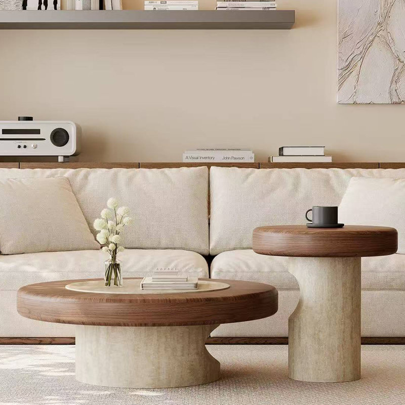 2-piece Round Nesting Coffee Table Set, Walnut Wood & Travertine Sintered Stone Veneer Center Table & Side Table, Versatile Nesting Tables For Living Room