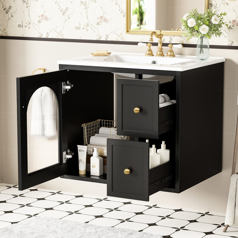 Meuble-lavabo de 24 po pour les petites salles de bain, installation murale, lavabo en céramique, tiroirs organisés, assemblage simple, look, armoire à déversement avec rangement pour porte vitrée, 2 profondeurs rapides