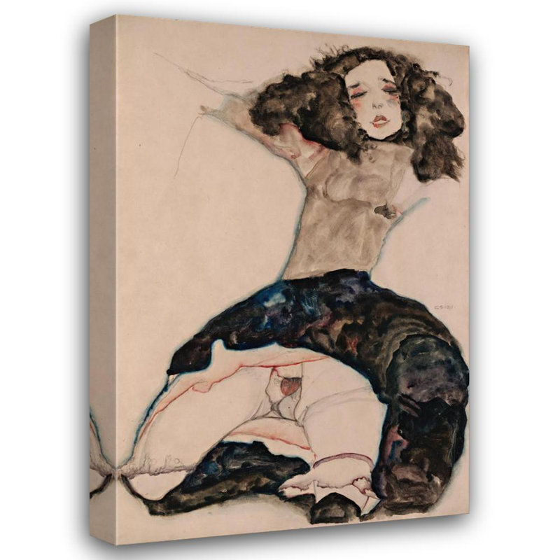 «Fille aux cheveux noirs avec jupe relevée» par Egon Schiele - Art mural sur toile tendue avec châssis, H 18 po x l 14 po