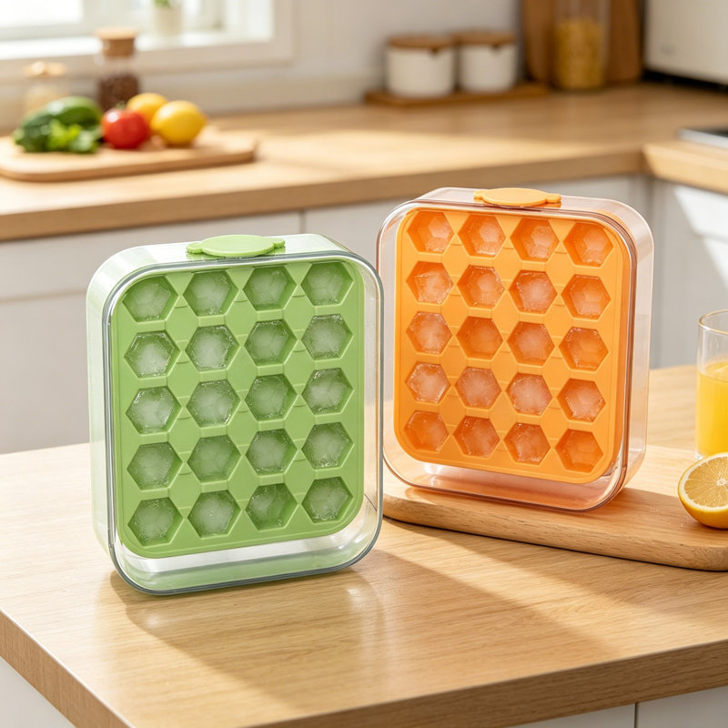 2 Pack Silicone Ice Cube Trays with Lids, Spill-Proof Stackable Freezer Design, Sturdy Reusable Ice Trays, 20 Cubes Per Tray, Honey Shade