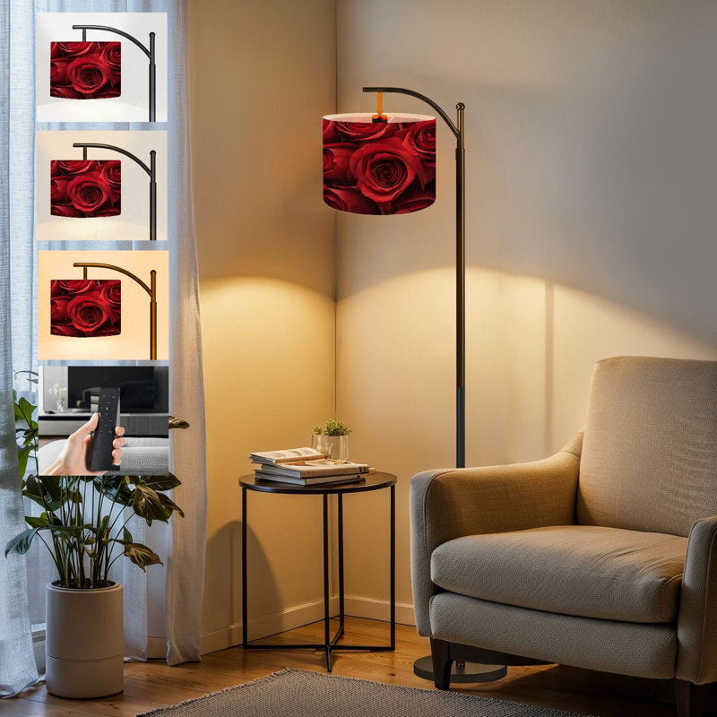  Arc Floor Lamp Close up red roses Tall Modern Standing Lamp LED Adjustable Linen Lampshade 3 Color Temperatures
