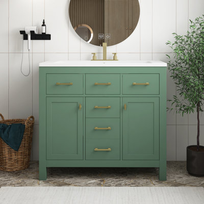Ensemble de meuble-lavabo vert avec lavabo en céramique, meuble de salle de bain simple autoportant moderne avec 4 tiroirs et 2 armoires, meuble de rangement pour la salle de bain, ensemble de meuble-lavabo avec cadre en bois massif