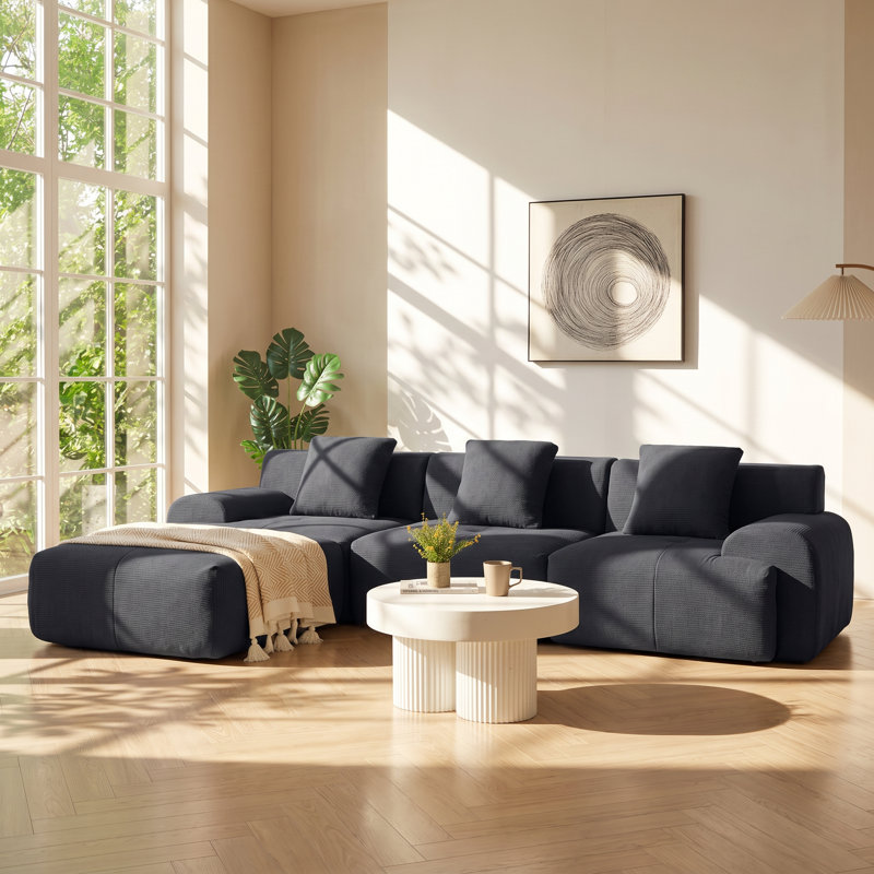 Everleigh 113" W x 73.6" D x 26.8" H Corduroy 3-Seat Modular Sectional Sofa, Gray Corduroy