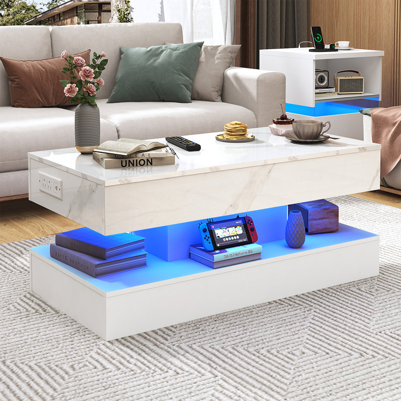Table basse à plateau relevable de 47,3 po avec lumières DEL RVB APP, station de charge USB et CA, table de rangement haute brillance réglable en hauteur pouvant supporter 180 lb