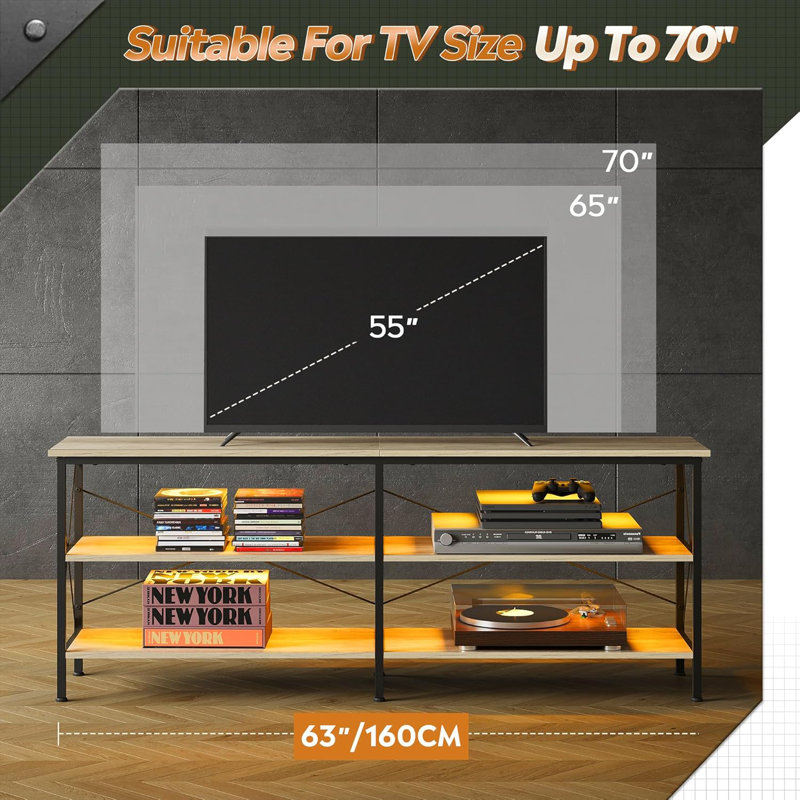 Industrial TV Stand for TVs up to 70 Inches, 63" Entertainment Center with LED Lighting, TV Console with 3-Tier Open Storage Shelves