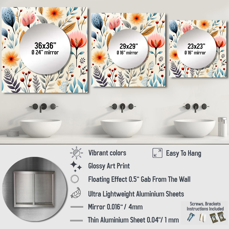 Doux pastels décoratifs floraux - grand miroir mural carré bohémien et éclectique pour chambre à coucher, 23 po x 23 po