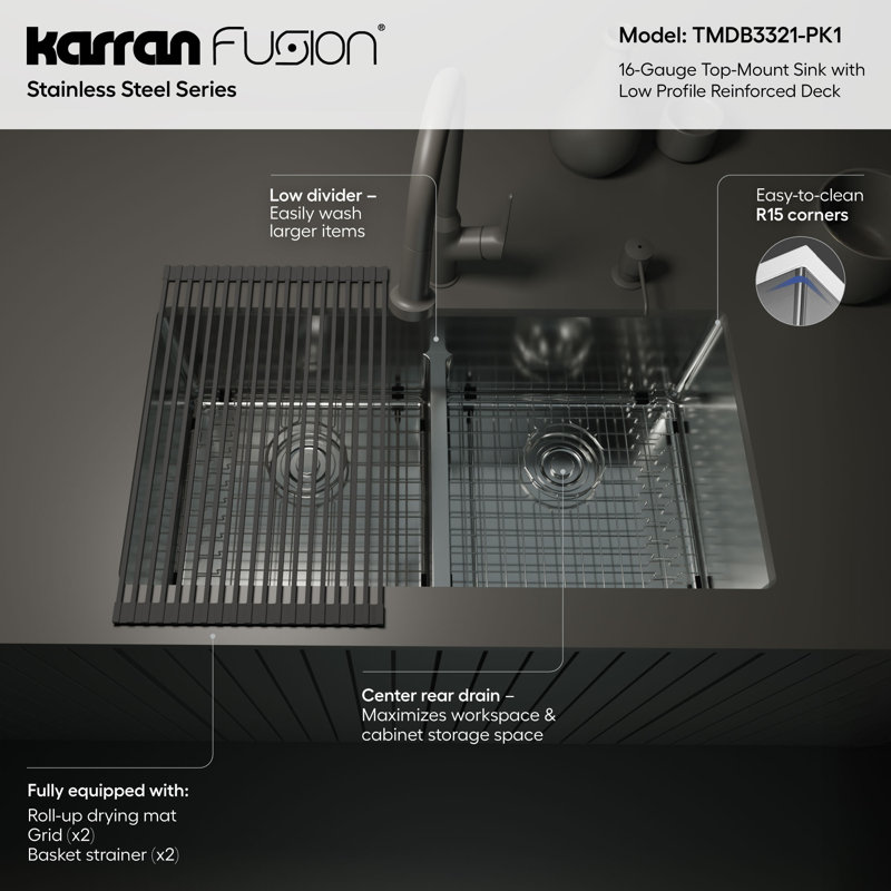 Karran Fusion Top Mount 33-in x 22-in Stainless Steel Double Equal Bowl Kitchen Sink