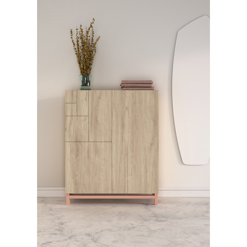 18 Pair Shoe Storage Cabinet, Light Oak/Pink