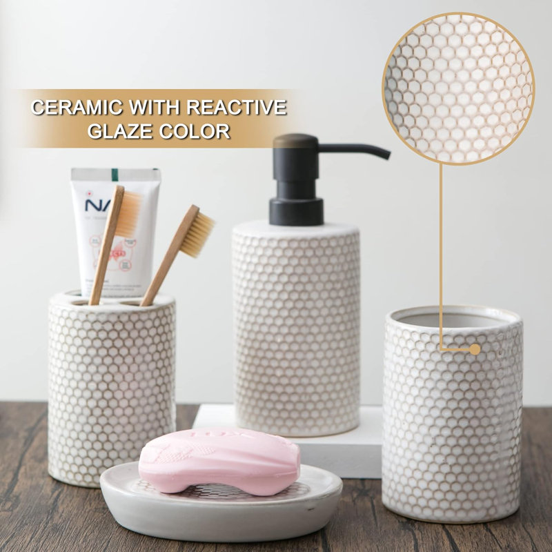 White Honeycomb Pattern Ceramic Bathroom Accessory Set, 4 Pieces
