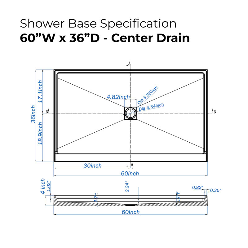 36 In. L X 60 In. W Alcove Shower Pan Base With Center Drain