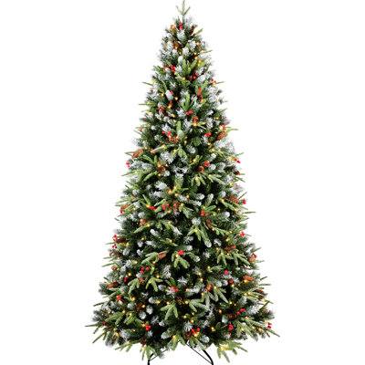 6ft Christmas Tree With 350 Warm White Led Lights, 1593 Snow - Tipped Pe+ Branches, Red Berries & Pine , Hinged Design For A Holiday Glow Decorated , And Festive Home
