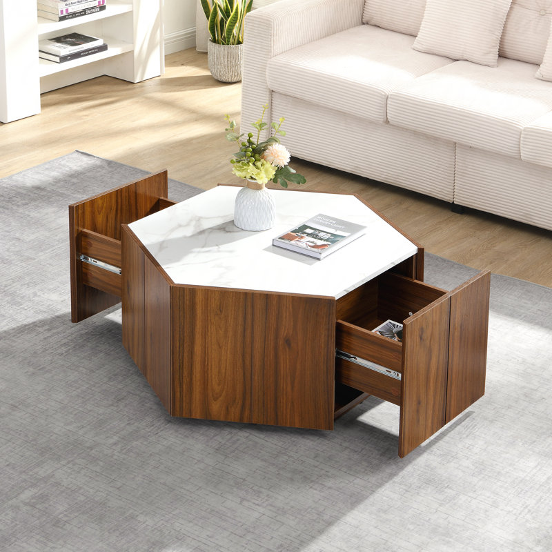 Table basse hexagonale rustique rétro en bois avec 2 tiroirs cachés et plateau en marbre texturé chêne Walunt