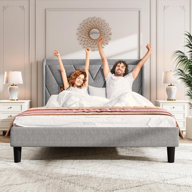 Tufted Velvet Upholstered Bed with Charging Station & Storage Shelf (Light Gray, Queen Size), Light Gray, Queen