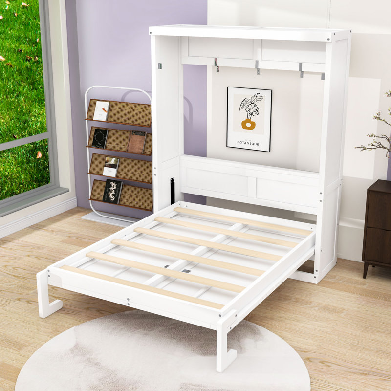 Lit escamotable en bois avec lattes, Lit double, Blanc