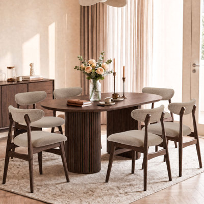 Wooden Dining Chairs Set of 6, Upholstered Kitchen Chairs, Mid Century Modern for Dining Room, Living Room, Lumbar-Ergonomic Backrest, Thick Contoured Seat, Adjustable Foot Pads. Walnut&Gray