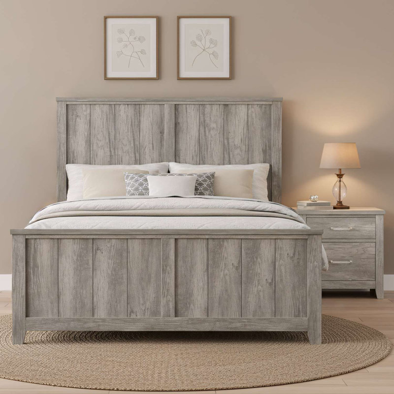 Ensemble de chambre à coucher grand lit 2 pièces avec lit en bois gris vieilli et table de chevet avec rangement de tiroir