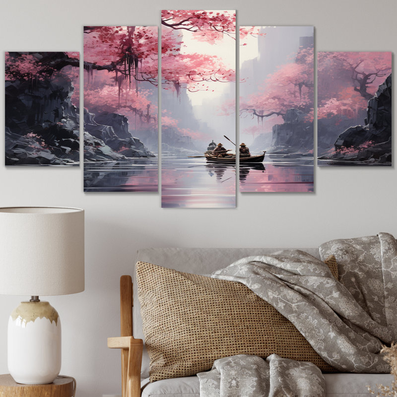 «Pink Vietnam Tam Coc River Boat II», reproduction sur toile - 5 panneaux