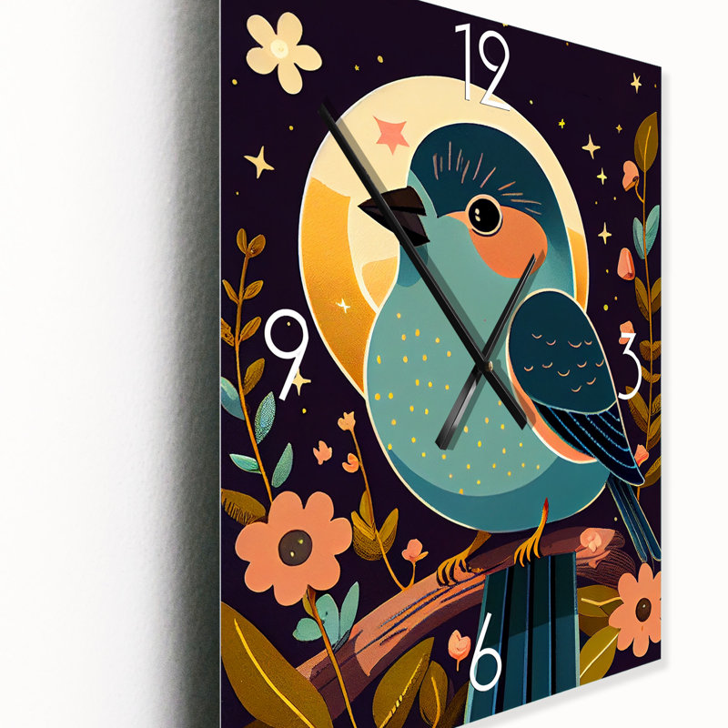 Horloge murale surdimensionnée mignonne avec un oiseau bleu assis sur une branche I, Petit