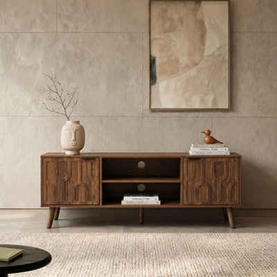 47.2" Mid-Century Modern TV Stand with Geometric Carved Doors & Tapered Solid Wood Legs
