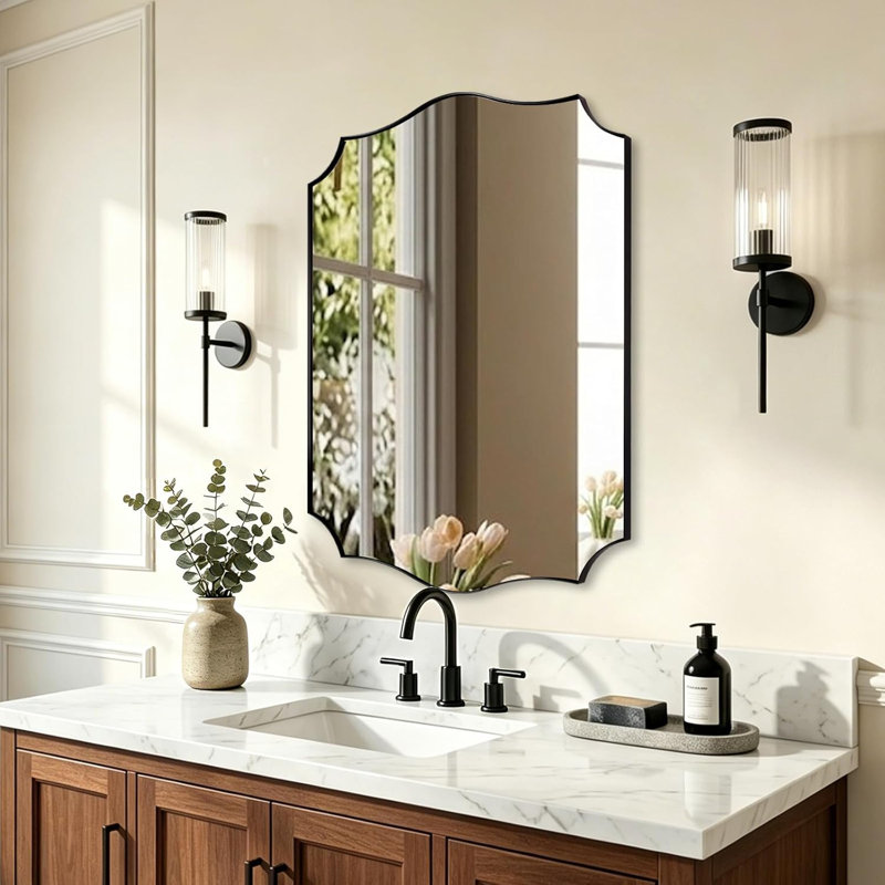 Miroir de salle de bain Anayalee Cadre en acier inoxydable, Noir mat, 30" x 20"