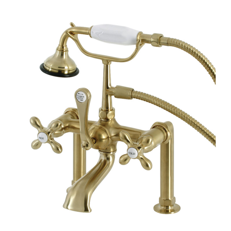 Kingston Brass Aqua Vintage Three-Handle 2-Hole Deck Mount Clawfoot Tub Faucet with Hand Shower, Brushed Brass