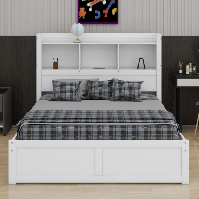 Lit plateforme avec rangement et tablettes coulissantes, lit gigogne et 2 tiroirs, Blanc