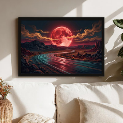 Art mural sur toile noir encadré pour le salon, la chambre à coucher, le bureau ou le vestibule - décoration murale décorative avec lune rouge
