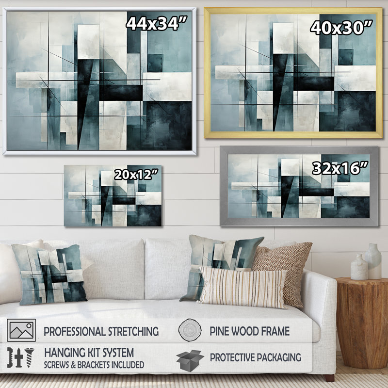 Décoration murale cubique gris abstrait monochromatique I - Collages abstraits, Cadre flottant doré, H 16 po x l 32 po