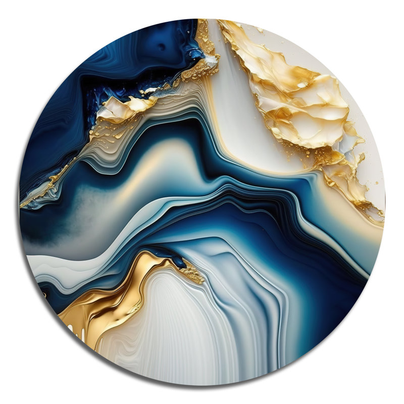 Géode abstraite or et marbre bleu II - Art abstrait rond en métal, H 36 po x l 36 po