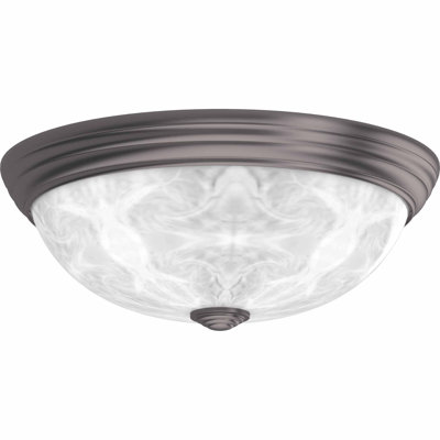  1-Light Indoor or Outdoor Antique Bronze Fluorescent Round Flush Mount Ceiling Fixture with White Alabaster Glass Bowl