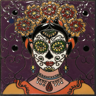 6x6 Flowery Lady. Day-Of-The-Dead Dia De Los Muertos Clay Tile Skeleton