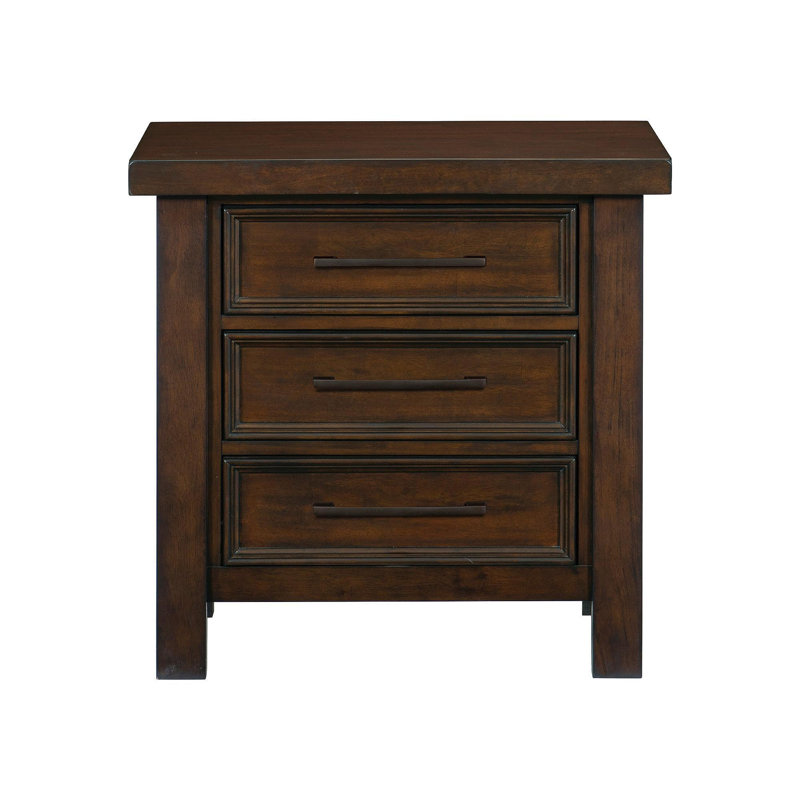 Table de chevet classique à finition brune de 1 pièce avec 3 tiroirs en placage de manguier
