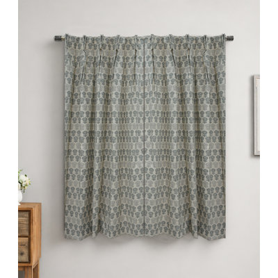 Grey Floral Hand Block Printed Light Filtering Linen Blend Double Pleat Curtain Panel for Living Room and Bedroom, Boho Farmhouse Pleated Floral Linen Window Curtains & Drapes