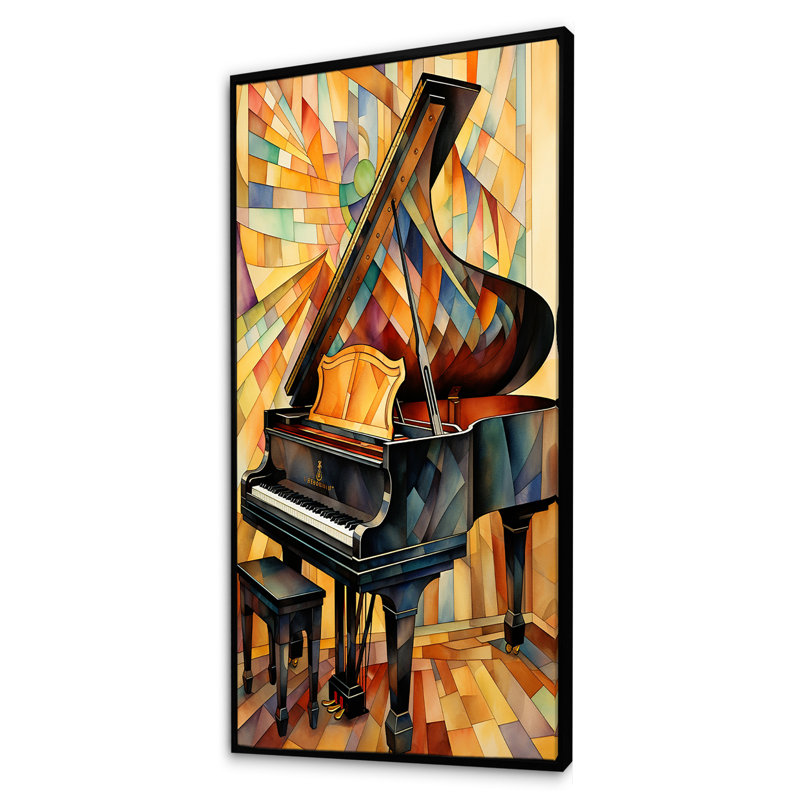 Cubique noir et jaune piano élégance - Piano, art mural, Cadre flottant noir, H 60 po x l 28 po x P 1,5 po