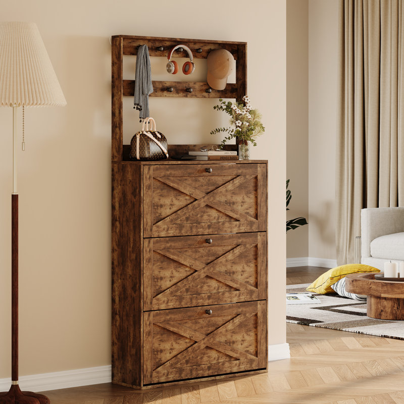 Shoe Cabinet With 3 Flip Drawers &  Hooks Coat Rack & Adjustable Shelves, Rustic Brown