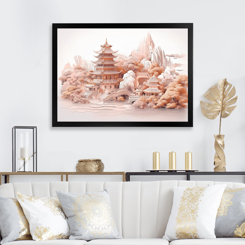 Asian Mountain And Lake Illustration I, reproduction d'art sur toile, Cadre photo noir, H 12 po x l 20 po x P 1 po