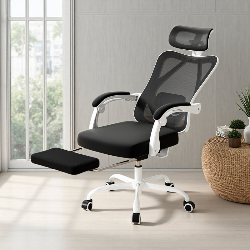 Chaise de bureau en filet avec repose-pieds et repose-tête, Noir / blanc